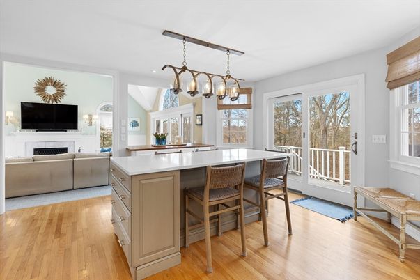 Fireplace, Interior, Kitchen, Living room, Pendant Lights, Recessed Lighting, Wood Texture Flooring
