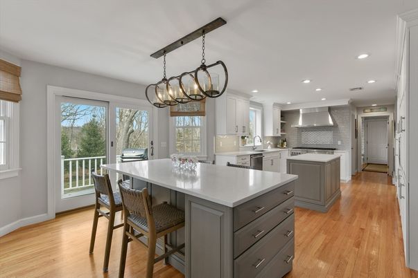 Chandelier, Interior, Kitchen, Pendant Lights, Recessed Lighting, Stainless Steel Appliances, Wood Texture Flooring