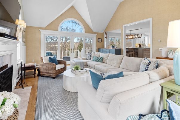 Fireplace, Interior, Kitchen, Living room, Pendant Lights, Wood Texture Flooring