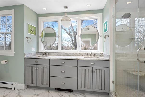 Bathroom, Dual Sink Vanities, Glass Shower, Interior, Marble, Pendant Lights, Recessed Lighting