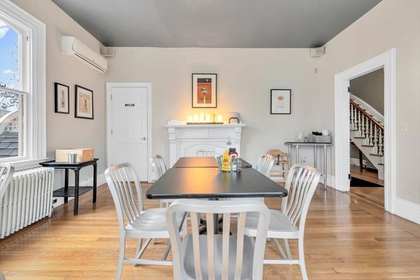 Dining room, Fireplace, Interior, Wood Texture Flooring
