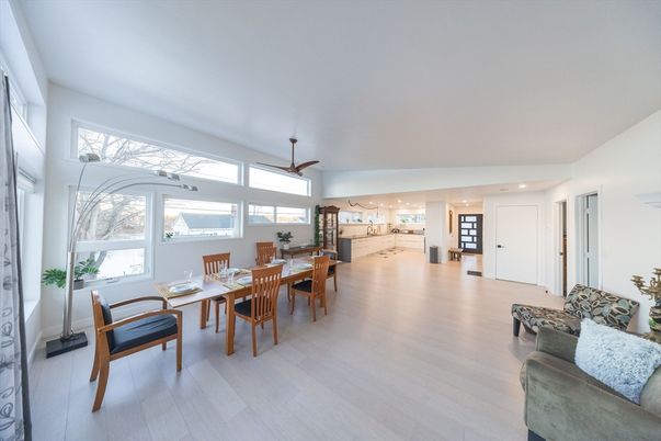 Dining room, Interior, Pendant Lights, Recessed Lighting, Wood Texture Flooring