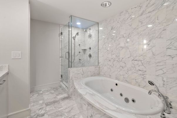 Bathroom, Glass Shower, Interior, Marble, Marble Walls, Recessed Lighting