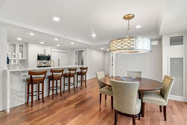 Dining room, Interior, Kitchen, Pendant Lights, Recessed Lighting, Stainless Steel Appliances, Wood Texture Flooring