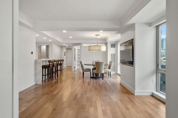 Dining room, Interior, Pendant Lights, Recessed Lighting, Wood Texture Flooring