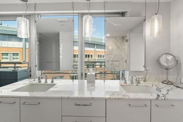 Bathroom, Dual Sink Vanities, Interior, Marble Walls, Pendant Lights