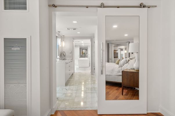 Bedroom, Interior, Marble, Pendant Lights, Recessed Lighting, Wood Texture Flooring