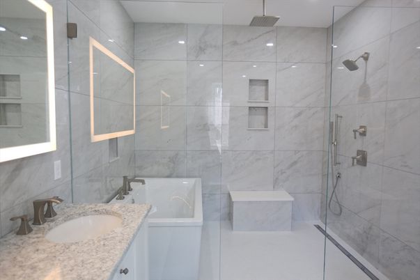 Bathroom, Glass Shower, Interior, Marble Walls, Recessed Lighting