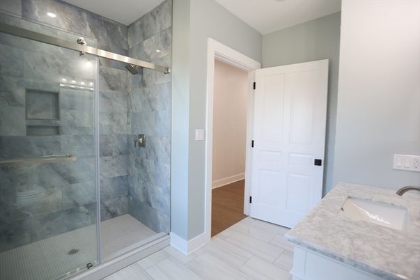 Bathroom, Glass Shower, Interior, Marble Walls, Recessed Lighting