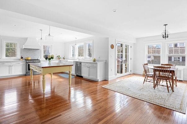 Dining room, Interior, Kitchen, Pendant Lights, Recessed Lighting, Stainless Steel Appliances, Wood Texture Flooring