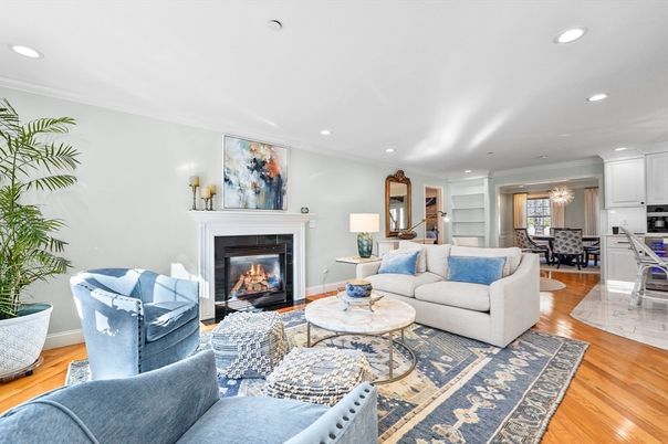 Chandelier, Dining room, Fireplace, Interior, Kitchen, Living room, Recessed Lighting, Wood Texture Flooring