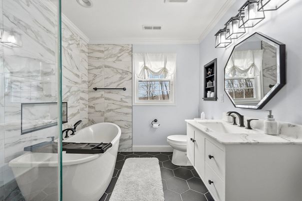 Bathroom, Dual Sink Vanities, Free Standing Baths, Glass Shower, Interior, Marble Walls