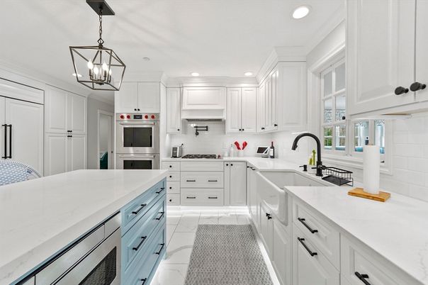 Interior, Kitchen, Marble, Pendant Lights, Recessed Lighting, Stainless Steel Appliances