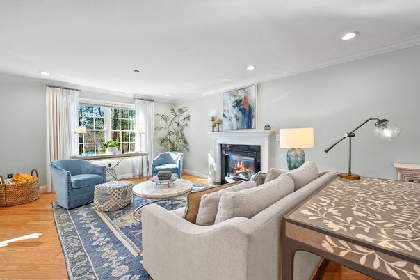 Fireplace, Interior, Living room, Recessed Lighting, Wood Texture Flooring