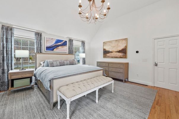 Bedroom, Chandelier, Interior, Wood Texture Flooring
