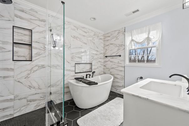 Bathroom, Free Standing Baths, Glass Shower, Interior, Marble Walls, Recessed Lighting