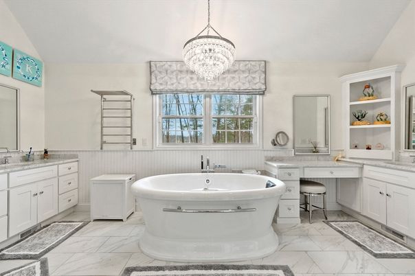 Bathroom, Chandelier, Dual Sink Vanities, Free Standing Baths, Interior, Marble, Pendant Lights
