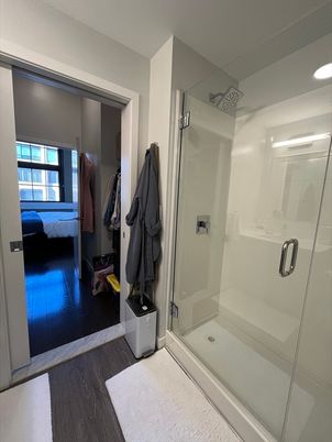 Bathroom, Glass Shower, Interior, Recessed Lighting, Wood Texture Flooring