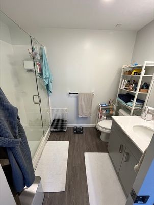 Bathroom, Glass Shower, Interior, Wood Texture Flooring
