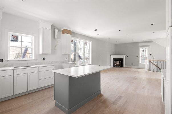 Fireplace, Interior, Kitchen, Recessed Lighting, Wood Texture Flooring