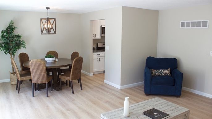 Dining room, Interior, Pendant Lights, Wood Texture Flooring