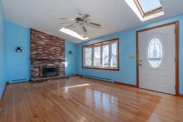 Empty room, Fireplace, Interior, Stone Walls, Wood Texture Flooring