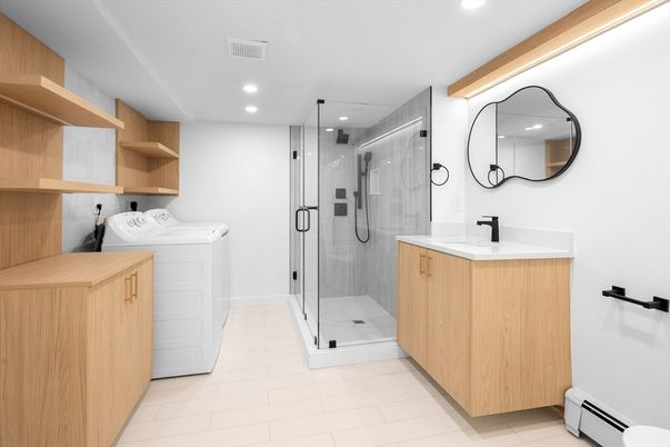 Bathroom, Glass Shower, Interior, Recessed Lighting, Washer