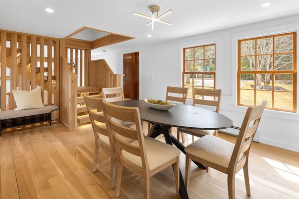 Dining room, Interior, Recessed Lighting, Wood Texture Flooring