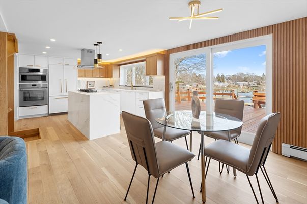 Dining room, Interior, Kitchen, Pendant Lights, Recessed Lighting, Stainless Steel Appliances, Wood Texture Flooring
