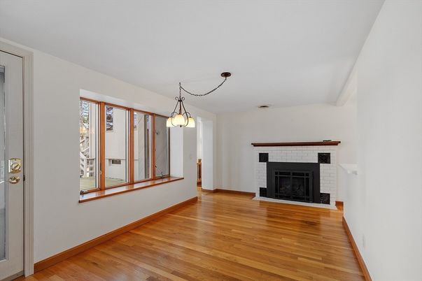 Empty room, Fireplace, Interior, Pendant Lights, Wood Texture Flooring