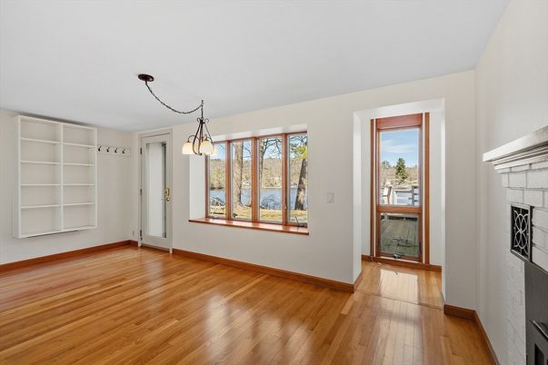Empty room, Fireplace, Interior, Pendant Lights, Wood Texture Flooring