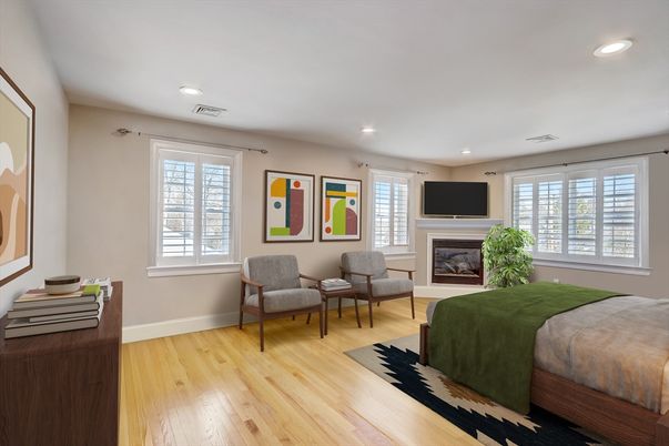 Bedroom, Fireplace, Interior, Recessed Lighting, Wood Texture Flooring