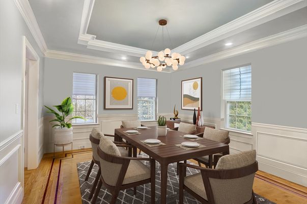 Chandelier, Dining room, Interior, Pendant Lights, Recessed Lighting, Wood Texture Flooring