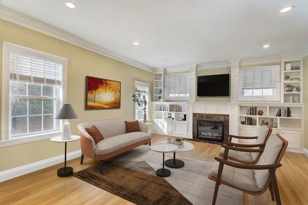 Fireplace, Interior, Living room, Recessed Lighting, Wood Texture Flooring
