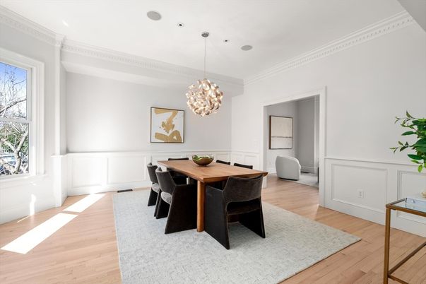 Dining room, Interior, Pendant Lights, Wood Texture Flooring