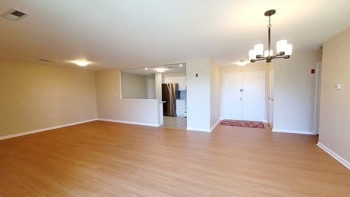 Chandelier, Empty room, Interior, Kitchen, Pendant Lights, Recessed Lighting, Wood Texture Flooring