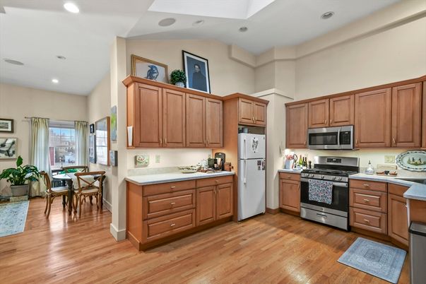 Dining room, Interior, Kitchen, Recessed Lighting, Stainless Steel Appliances, Wood Texture Flooring