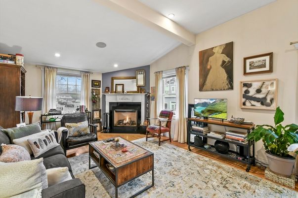 Fireplace, Interior, Living room, Recessed Lighting, Wood Texture Flooring