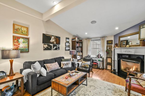 Fireplace, Interior, Living room, Recessed Lighting, Wood Texture Flooring