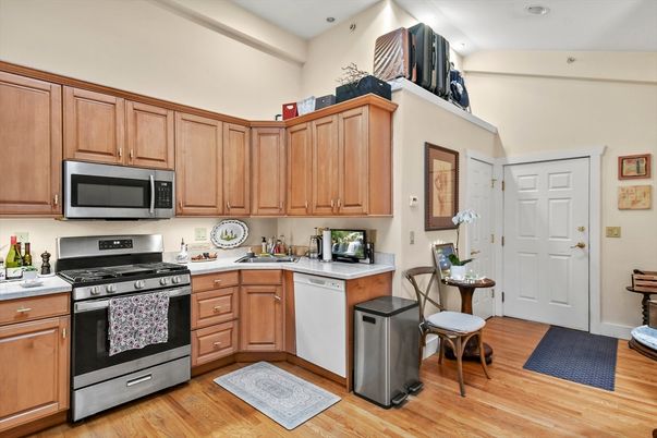 Interior, Kitchen, Recessed Lighting, Stainless Steel Appliances, Wood Texture Flooring