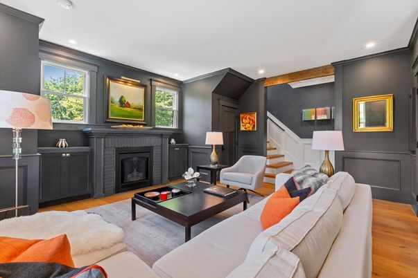 Fireplace, Interior, Living room, Recessed Lighting, Wood Texture Flooring