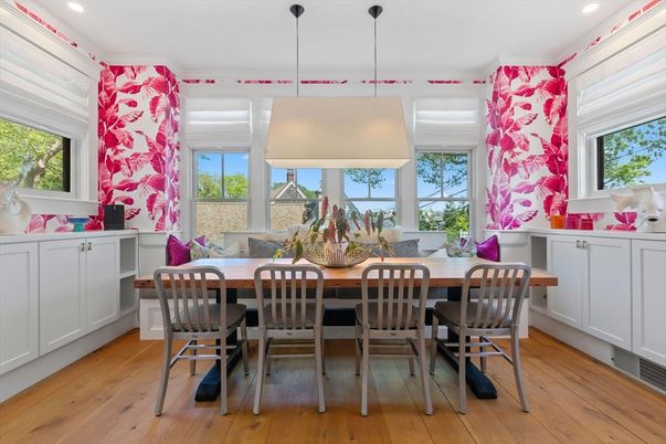 Dining room, Interior, Pendant Lights, Recessed Lighting, Wood Texture Flooring