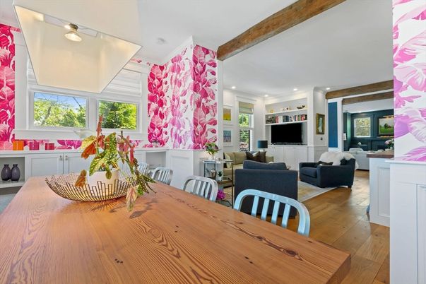 Dining room, Interior, Living room, Recessed Lighting, Wooden Beams, Wood Texture Flooring
