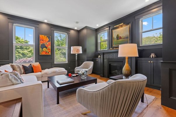 Fireplace, Interior, Living room, Recessed Lighting, Wood Texture Flooring