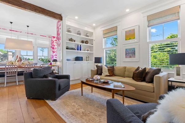 Dining room, Interior, Living room, Pendant Lights, Recessed Lighting, Wood Texture Flooring