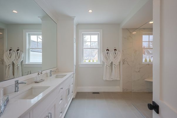 Bathroom, Dual Sink Vanities, Glass Shower, Interior, Marble Walls, Recessed Lighting