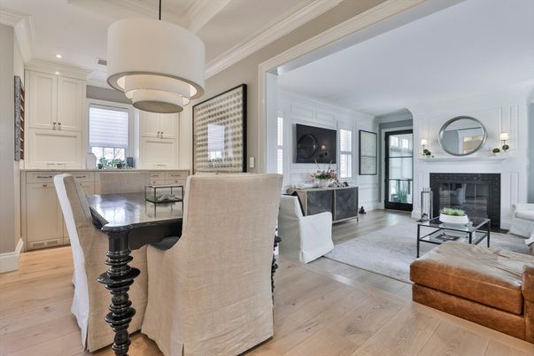 Fireplace, Interior, Living room, Pendant Lights, Recessed Lighting, Wood Texture Flooring
