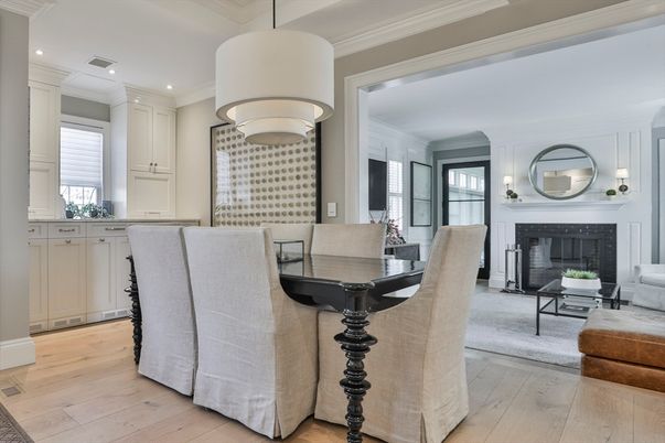 Dining room, Fireplace, Interior, Living room, Pendant Lights, Recessed Lighting, Wood Texture Flooring