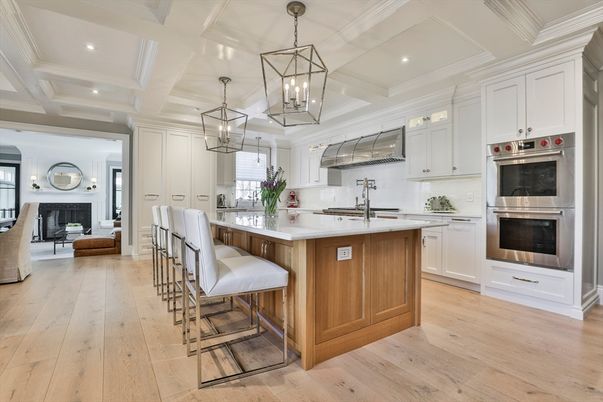 Fireplace, Interior, Kitchen, Living room, Pendant Lights, Recessed Lighting, Stainless Steel Appliances, Wood Texture Flooring