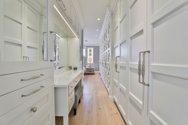 Bathroom, Dual Sink Vanities, Interior, Recessed Lighting, Wood Texture Flooring